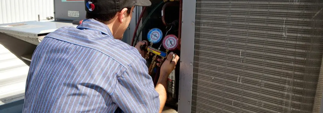 HVAC technician servicing a condenser unit in Palatine